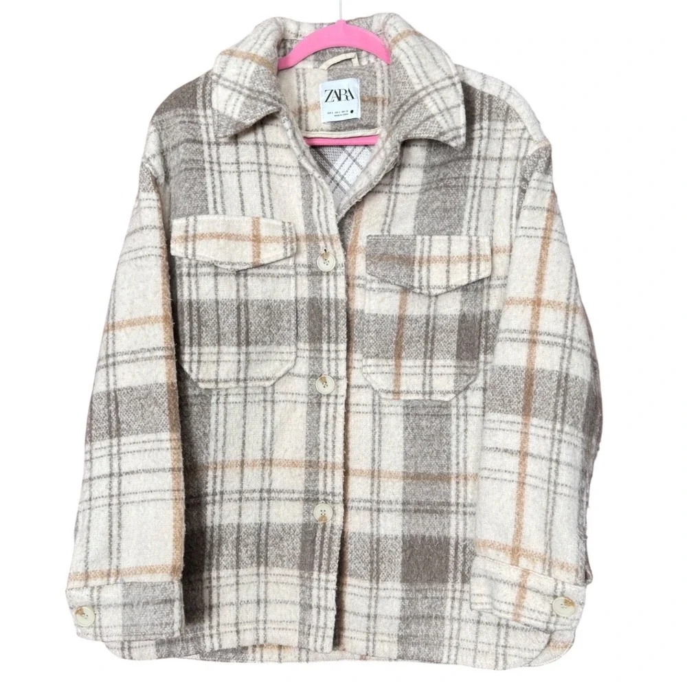 ZARA Plaid Shacket Oversized S Beige Brown Grunge Cabincore Fall‎ Layering Chore